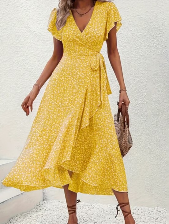 Dresses & Skirts - Yellow Floral Wrap Midi Dress - Lightweight Summer Dress